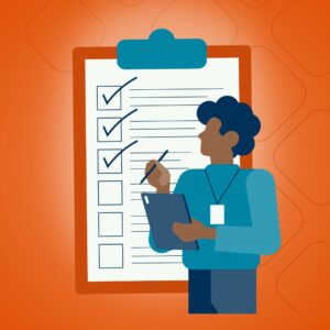 Illustration depicting a professional using a marketing audit checklist - ironistic